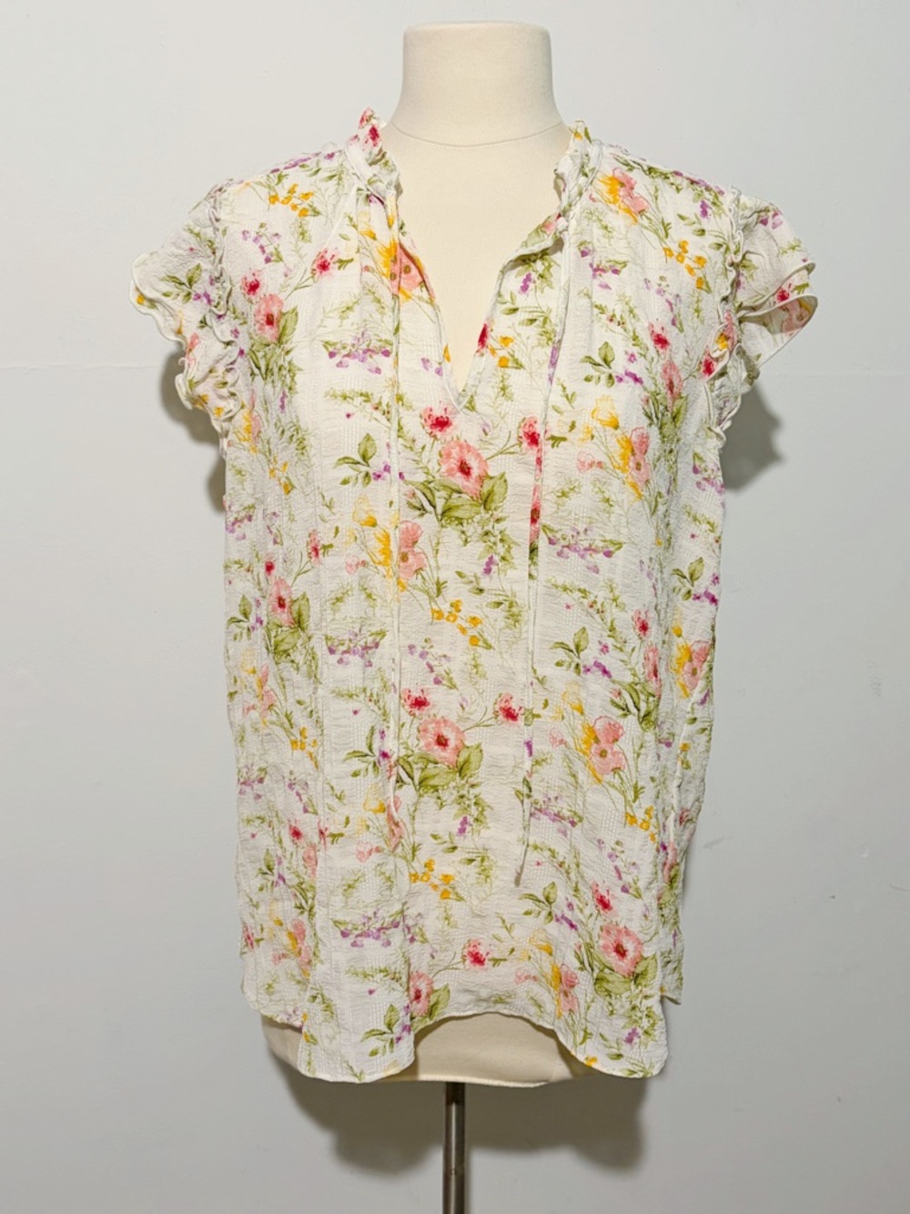 Haver London Floral Tie-Front Semi-SheerCap Sleeve Top - White with Pink & Green